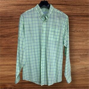Southern Tide Classic Fit Neon Green and White w/ Blue Stripes Dress Shirt. XL.